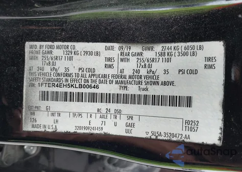 2019 Ford Ranger Xl из США, поврежденный, VIN 1FTER4EH5KLB00646